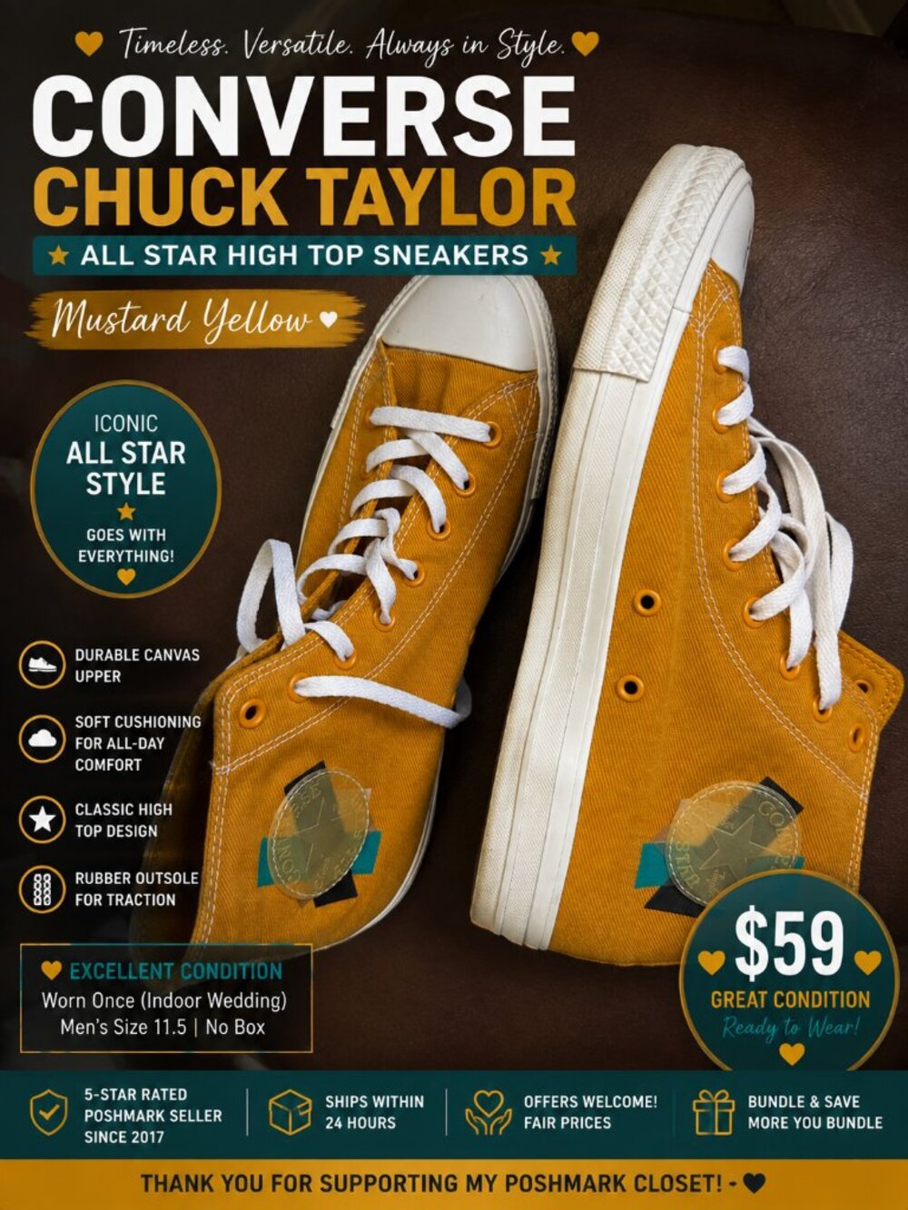 Converse Chuck Taylor All Star High Top Mustard Sneakers Men’s 11.5